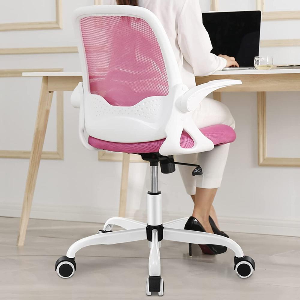 KERDOM Bürostuhl, Ergonomischer Schreibtischstuhl mit klappbarer Armlehnen, Mesh Computerstuhl Arbeitsstuhl Leichter Stuhl, 360° Drehstuhl 933 Rosa Bild 1