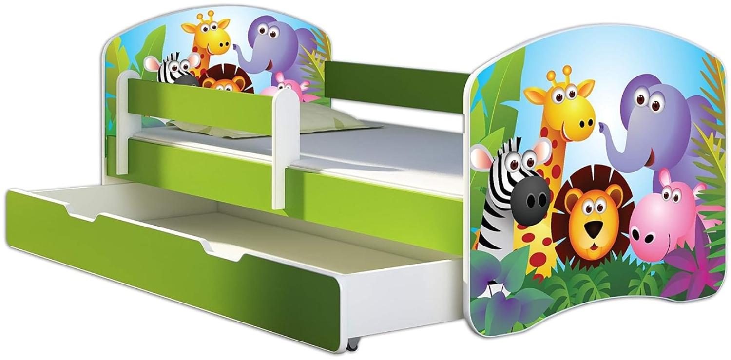 ACMA Kinderbett Jugendbett mit Einer Schublade und Matratze Grün mit Rausfallschutz Lattenrost II 140x70 160x80 180x80 (01 Zoo, 180x80 + Bettkasten) Bild 1