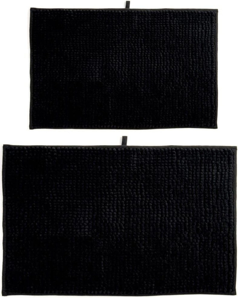 MSV Badteppich 2er Set Badvorleger Duschvorleger Chenille Hochflor Badematte 40x60 cm + 60 x 90 cm – Schwarz Bild 1