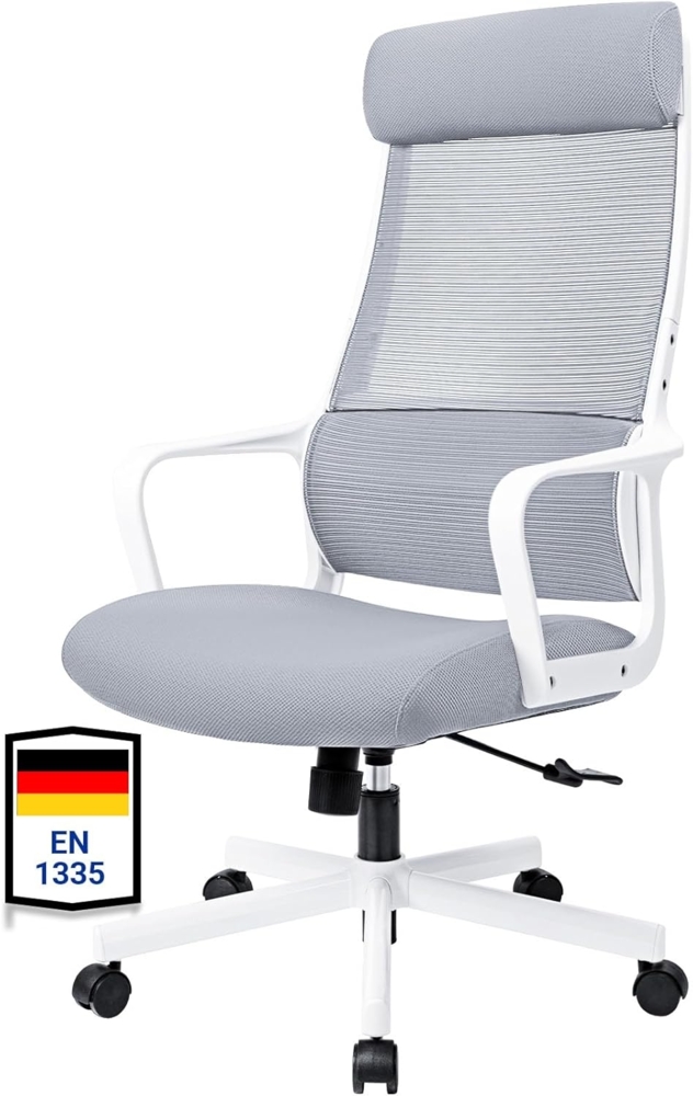 MELOKEA Ergonomischer Bürostuhl, Schreibtischstuhl mit Verstellbarer Kopfstütze und höhenverstellbarem Bürostuhl, elastische S-förmige Lendenwirbelstütze Mesh Stuhl, Computer Stuh, 150kg Grau Bild 1