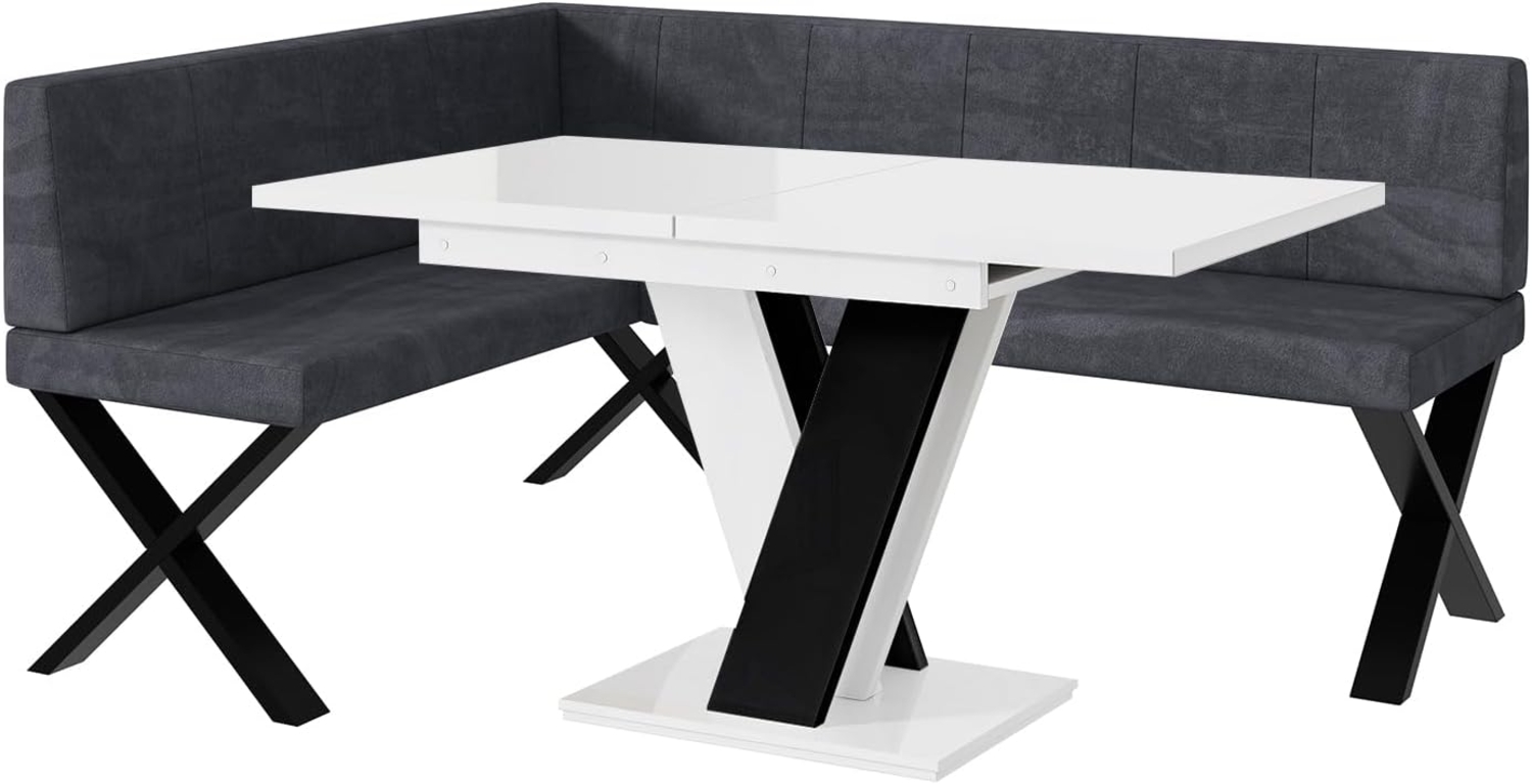 MEBLINI Eckbank für Esszimmer mit ausziehbarem Tisch - Küchenbank - Essecke - Sitzecke Küche - PETER - X-Beine 128x168x87cm Links - Dunkelgrau Samt/M Weiß-Schwarz Hochgl. Bild 1