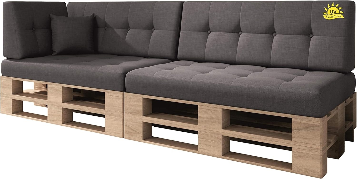 sunnypillow Palettenkissen Kaltschaum UV - beständig Outdoor/Indoor Palettenauflage Palettenpolster Palettensofa Sitzkissen Rückenlehne gesteppt 6er Set 120x80 Grey Bild 1