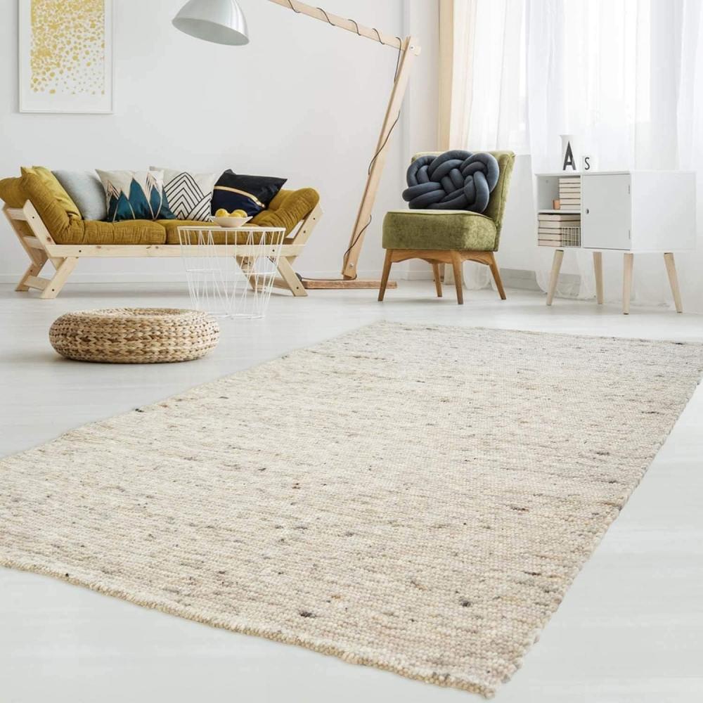 TaraCarpet Wollteppich TaraCarpet Lambrecht, rechteckig, Höhe: 13 mm, Hand-Web-Teppich grau beige gewalkt Wohnzimmer Esszimmer 070x130 cm Bild 1