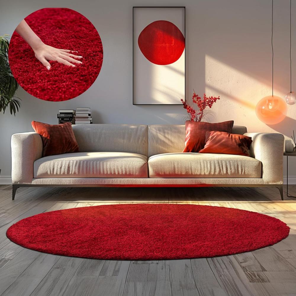 HomebyHome Hochflor Runder Teppich 200 cm Rund Einfarbig Rot Teppich Langflor Shaggy Modern Teppich für Wohnzimmer, Schlafzimmer, Pflegeleicht Flauschig Weich Rund Großer Teppich Bild 1