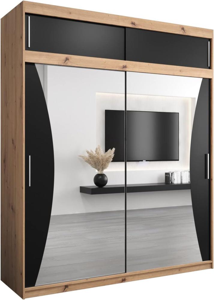 Kryspol Schwebetürenschrank Monaco 200 cm mit Spiegel Kleiderschrank mit Kleiderstange und Einlegeboden Schlafzimmer- Wohnzimmerschrank Schiebetüren (Artisan Eiche + Schwarz mit Erweiterung) Bild 1