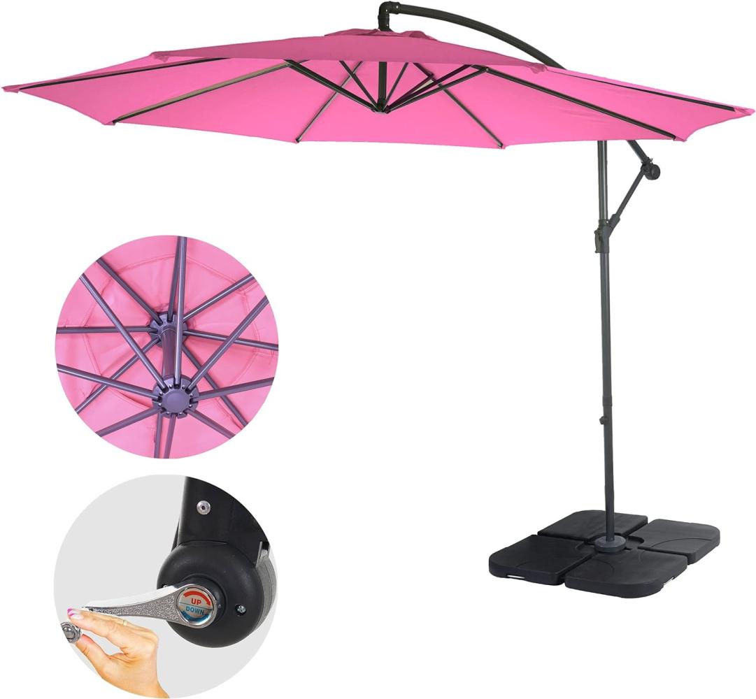 Ampelschirm Acerra, Sonnenschirm Sonnenschutz, Ø 3m neigbar, Polyester/Stahl 11kg ~ pink mit Ständer Bild 1