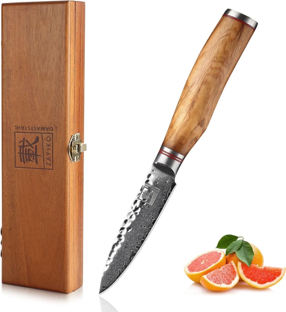 ZAYIKO Damastmesser "OLIVE Officemesser" - 9cm Klinge - Griff: Olivenholz - VG-10 Stahlkern Bild 1