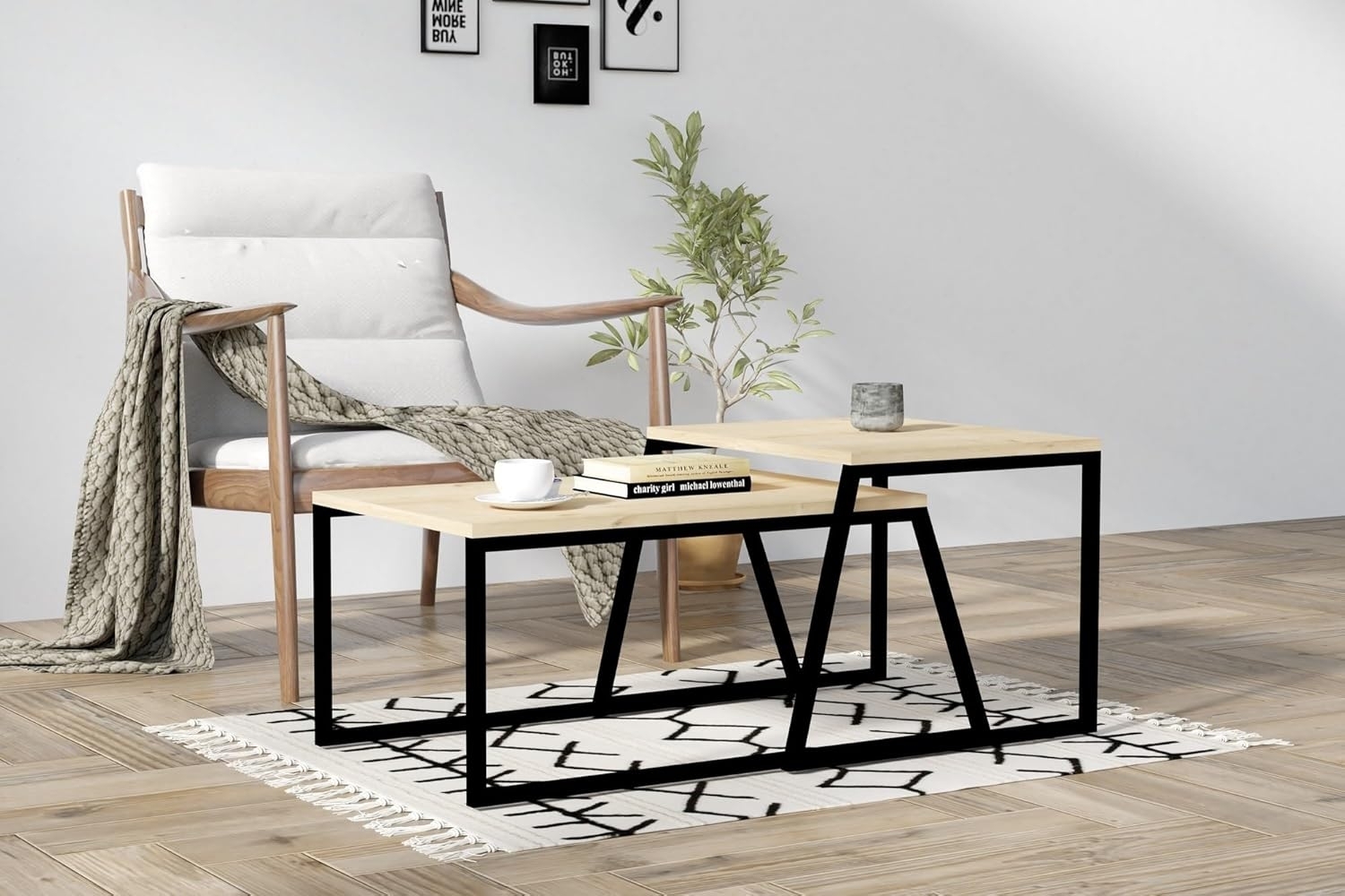 Hanah Home Modern Coffee Table with Wall-Mount Option, Oak & Black, 75 x 37 x 50 cm | 100% Melamine Coated, 18mm Thick | Stylish Design with Additional Storage & Shelves Bild 1