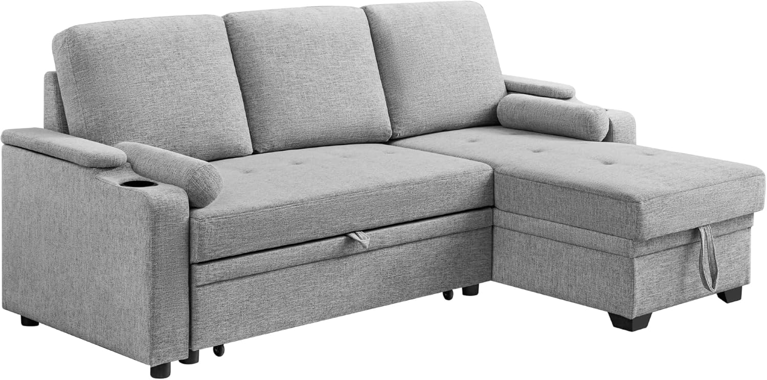 VASAGLE Sofa L Form, Schlafsofa, Couch, Bettsofa mit Stauraum, Getränkehalter, Schlaffunktion, modern, für Wohnzimmer, Schlafzimmer, hellgrau LCS801M01V1 Bild 1