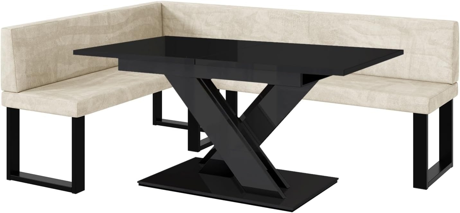 MEBLINI Eckbank für Esszimmer mit ausziehbarem Tisch - Küchenbank - Essecke - Sitzecke Küche - TONI - U-Beine 142 x 196 x 87 cm Links - Creme Samt/B Schwarz Hochgl. Bild 1