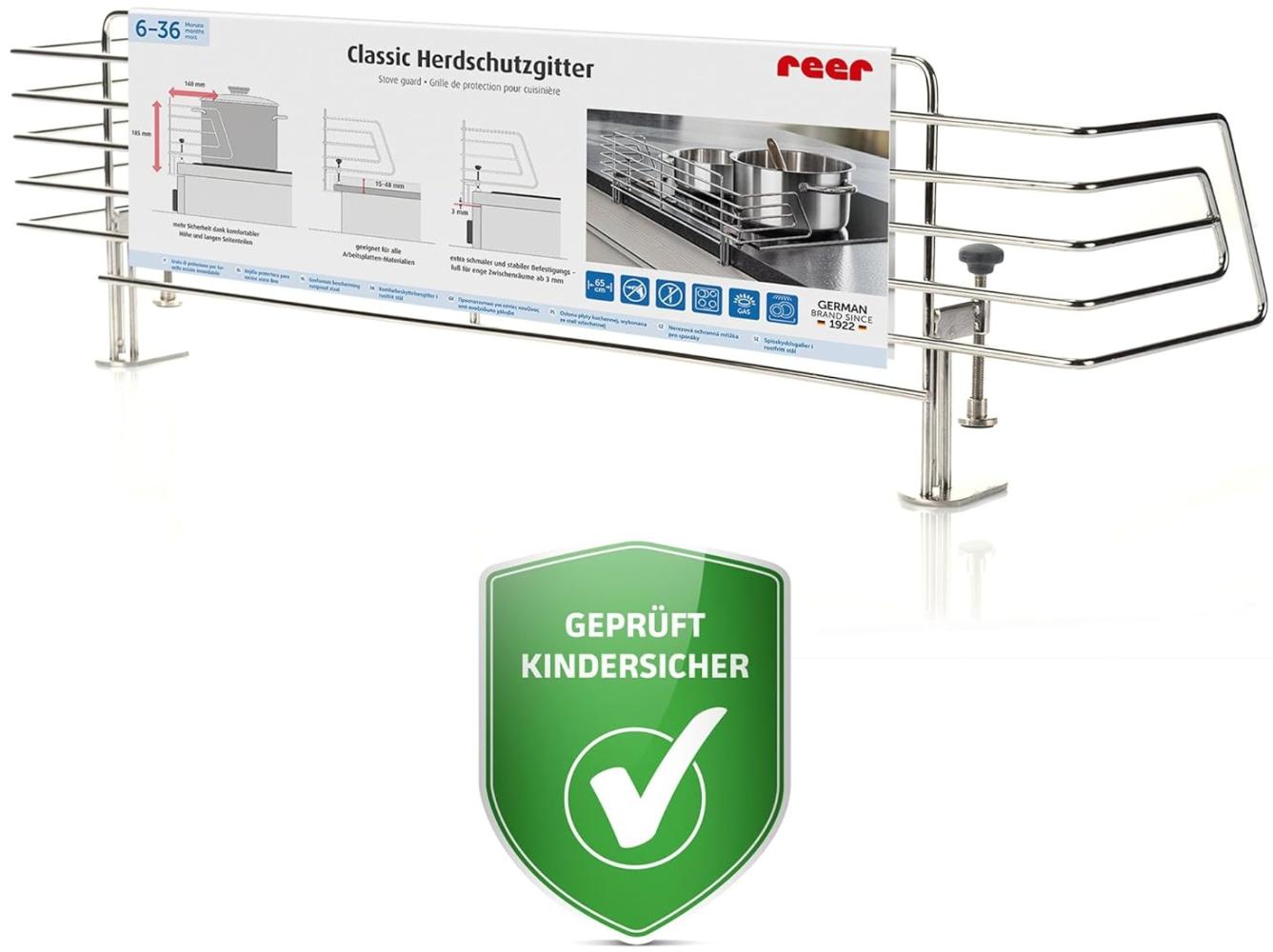 Reer Herdschutzgitter CLASSIC zum Klemmen aus Edelstahl, extra sicher, für 99% aller Küchen geeignet, silber Bild 1
