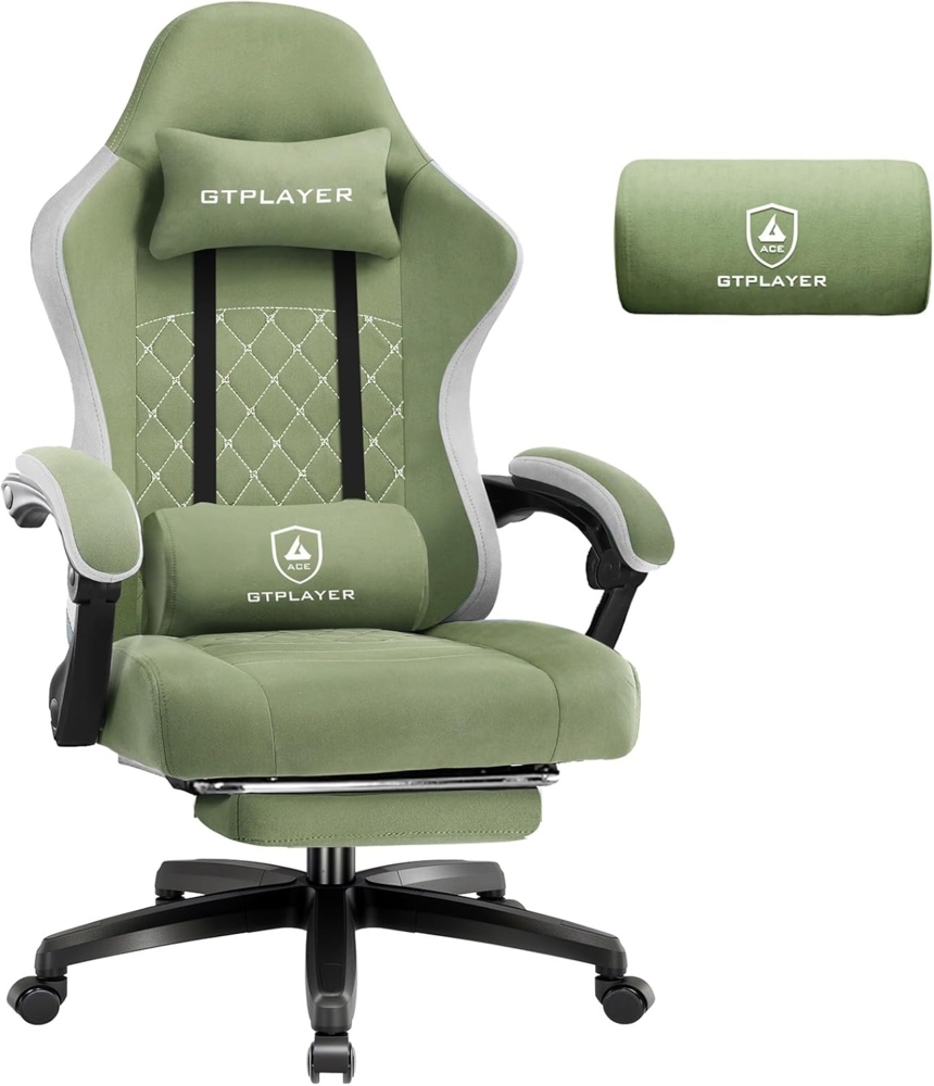 GTPLAYER Gaming Stuhl Stoff, Gaming Sessel mit Taschenfederkissen, ergonomischer Drehstuhl, Gamer Stuhl mit Fußstütze150 kg Belastbarkeit, grün Bild 1