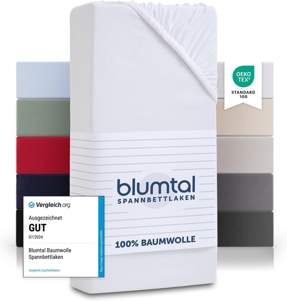 Blumtal® Basics Jersey (2er-Set) Spannbettlaken 160x200 cm -Oeko-TEX Zertifiziert, 100% Baumwolle Bettlaken, bis 20cm Matratzenhöhe, Weiß Bild 1