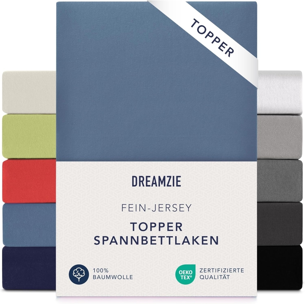 Dreamzie Premium Topper Spannbettlaken 140x200 cm - 160x200 cm - extra niedriger Seitenhöhe - für Boxspringbett - Topperauflage - Spannbetttuch Jersey Baumwolle, 150 g/m² - Oeko-TEX - Blau Bild 1