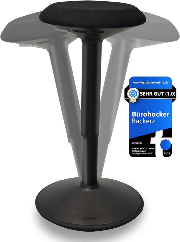 Backerz ergonomischer Wackel-Hocker - Bürohocker mit 40-60 cm Höhenverstellbar, Stehhocker, Arbeitshocker, kompakter Sitzhocker für Heim und Büro - Bezogen mit wasserabweisendem Stoff, Mattschwarz Bild 1