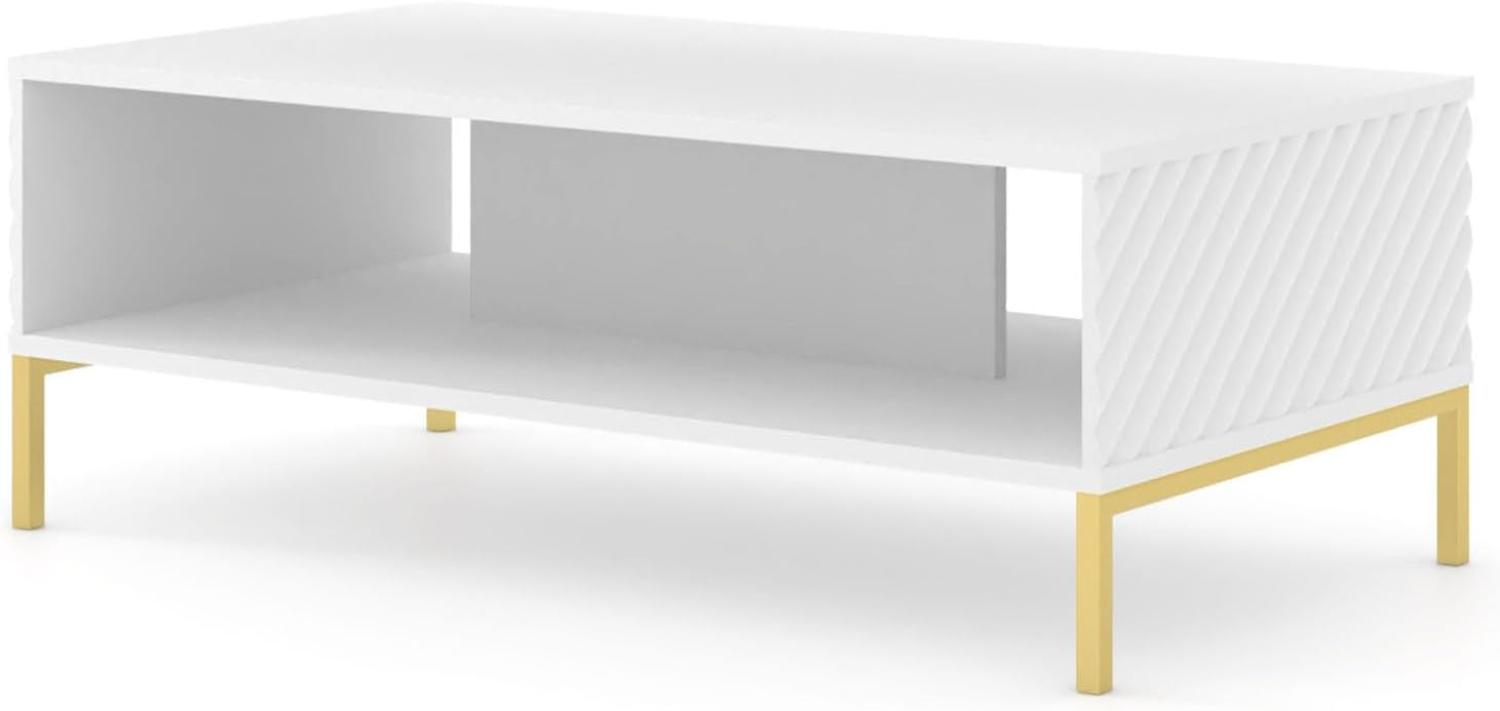 Domando Couchtisch Naturns Modern Breite 90cm, besondere Fräsoptik, goldene Füße in Weiß Matt Bild 1