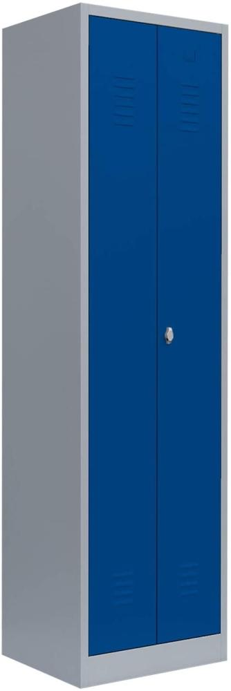 Einzel Spind Spint Stahl-Kleiderschrank für Schwarz-Weiss-Trennung mittig schließend Gaderobenschrank 2 türig 180 x 60 x 50cm Grau/Blau 510421 Bild 1