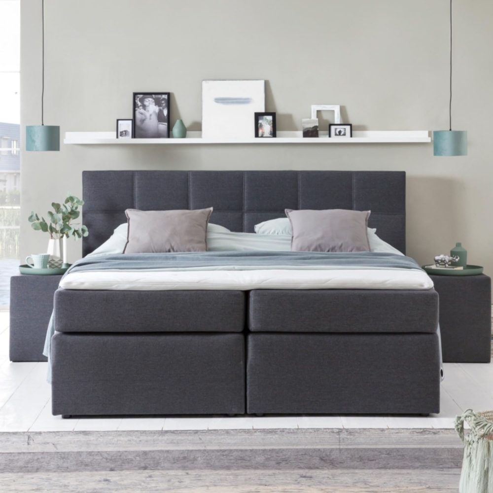 Möbelfreude Boxspringbett Bea, gesteppt, 7-Zonen Taschenfederkern, Visco Topper Polsterbett, Anthrazit H2/H3, 160x200 cm Bild 1