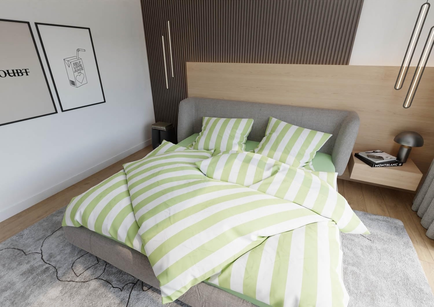 Mako Satin Bettwäsche Blocksteifen hellgrün 155x220 + 80x80 Bild 1