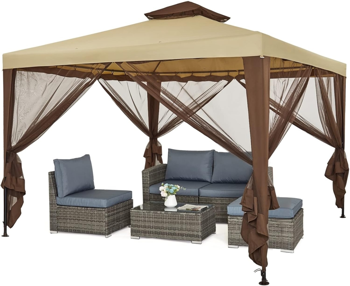 Mondeer Gartenpavillon 3x3 m, Doppeldach Gartenlaube Pavillon mit 4 Moskitonetze Seitenteilen für Schatten und Regen, Metall Gestell Stabil, Khaki Bild 1