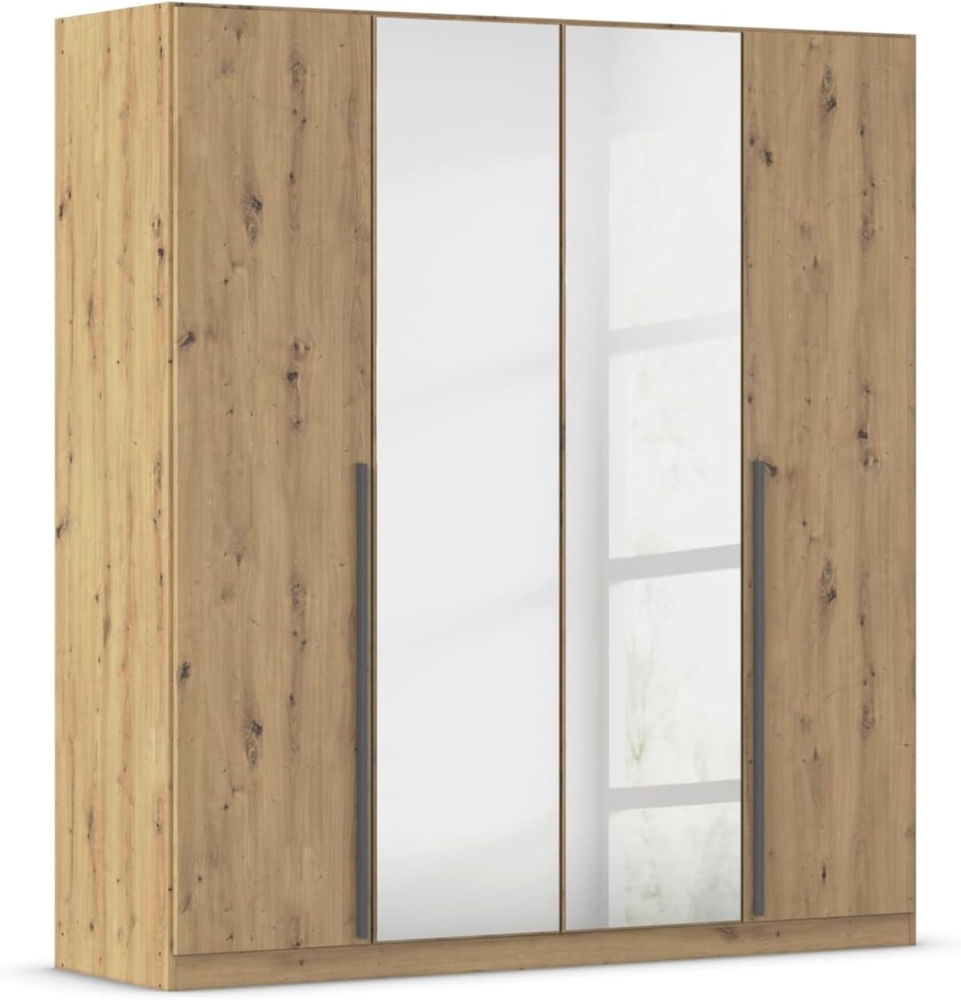rauch Kleiderschrank Alba, Drehtürenschrank, Garderobenschrank, 4-türig, mit Spiegel, mit 2 Kleiderstangen und 2 Einlegeböden, Farbe Eiche Artisan, Holz, Griffstange Grau metallic, Schwarz, 181x197x56cm Bild 1