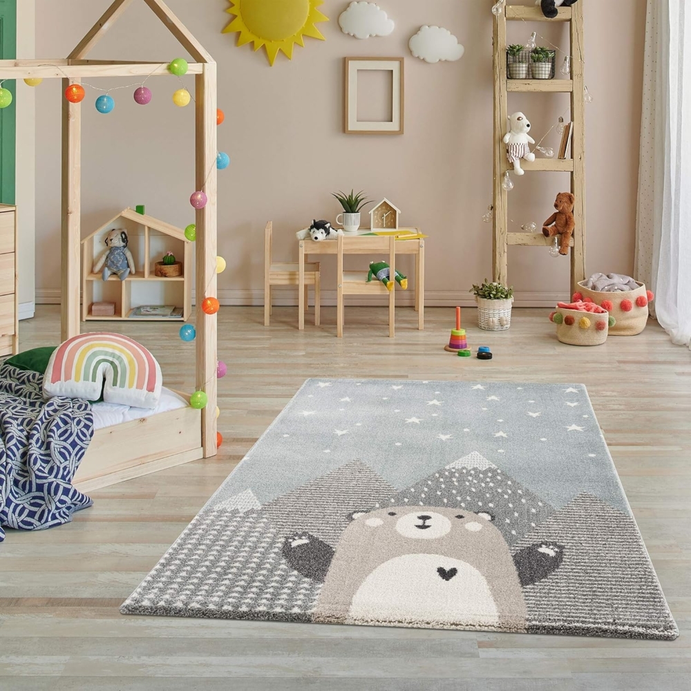 Teppich Kinderzimmer - Teppiche für Kinderzimmer, Kinderteppich Junge, Kinderteppich mit Bergen, Bär, Panda, Sterne, (Türkis-Beige, Größe: 80x150 cm) Bild 1