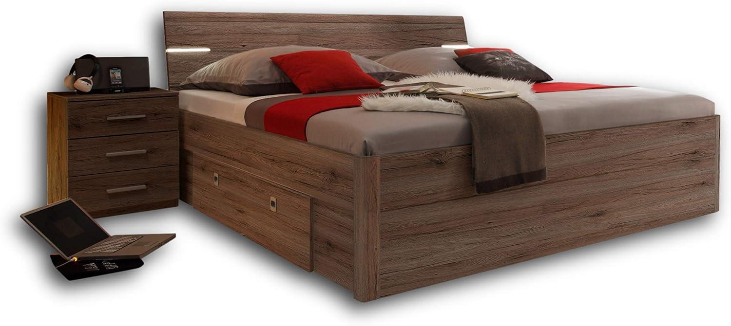 Stella Trading MARS Stilvolle Doppelbett Bettanlage 180 x 200 cm mit 2x Nachtkommoden - Schlafzimmer Komplett-Set in Eiche San Remo Optik, dunkel - 216 x 97 x 185 cm (B/H/T) Bild 1