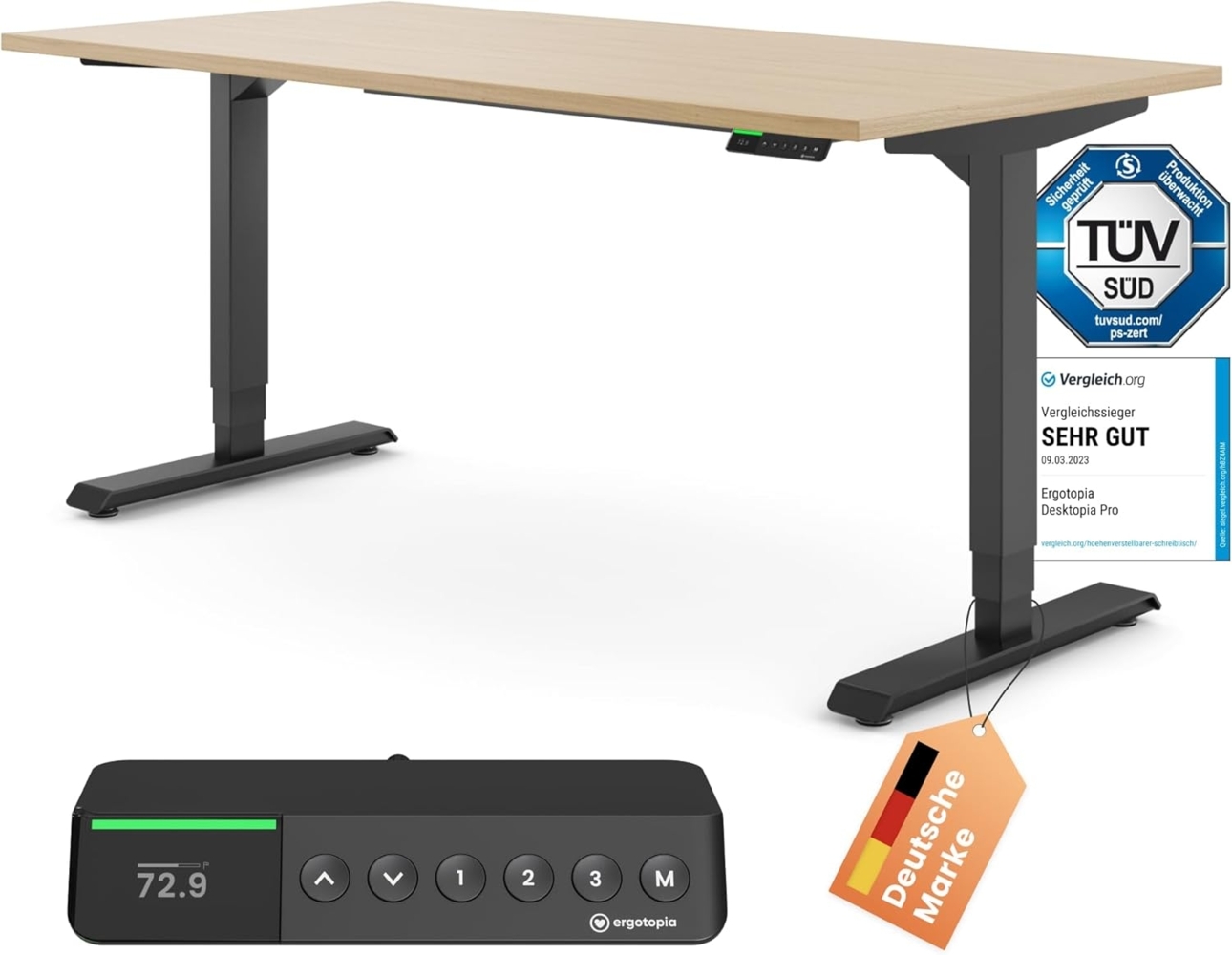 Desktopia Pro X - Elektrisch höhenverstellbarer Schreibtisch / Ergonomischer Tisch mit Memory-Funktion, Ahorn, Gestell Schwarz, 180x80 cm Bild 1