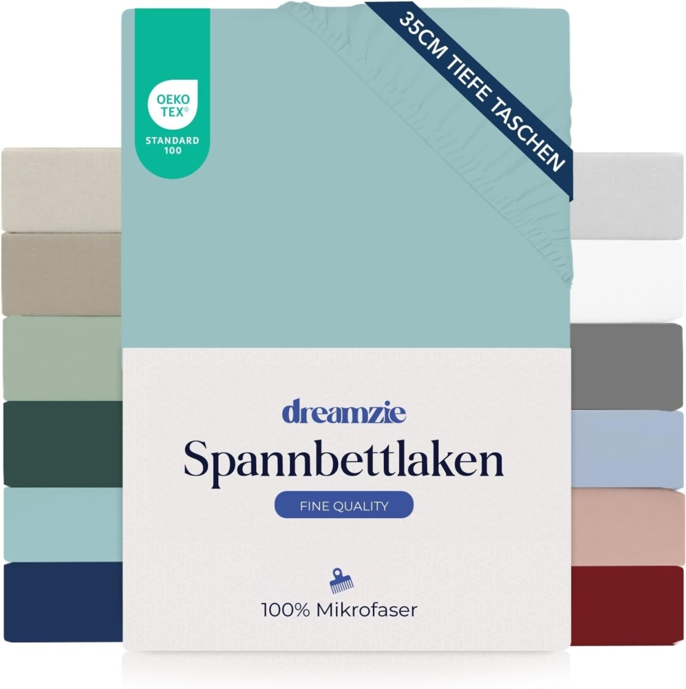 Dreamzie Spannbettlaken 135x190/200cm - 35 cm Tiefe Tasche - 100% Mikrofaser Bettlaken - Aqua, Schadstoffgeprüft(Oeko TEX), Bettlaken mit Gummizug Bild 1