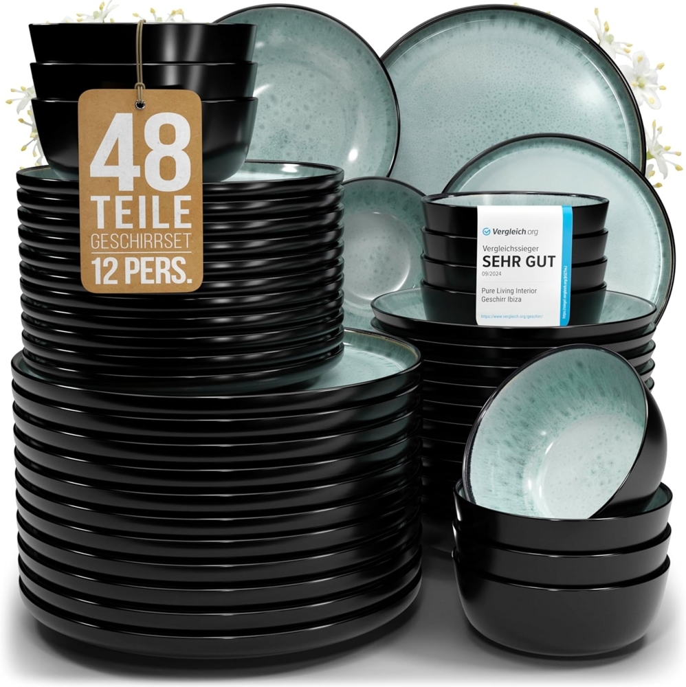 Steingut Geschirrset 12 Pers. Ibiza 48-tlg Hochwertiges Mediterranes TEST SEHR GUT Steingut Geschirr Set - Schüssel- und Teller Set - Tafelservice 12 Personen Geschirrsets Pure Living in Salbeigrün Bild 1