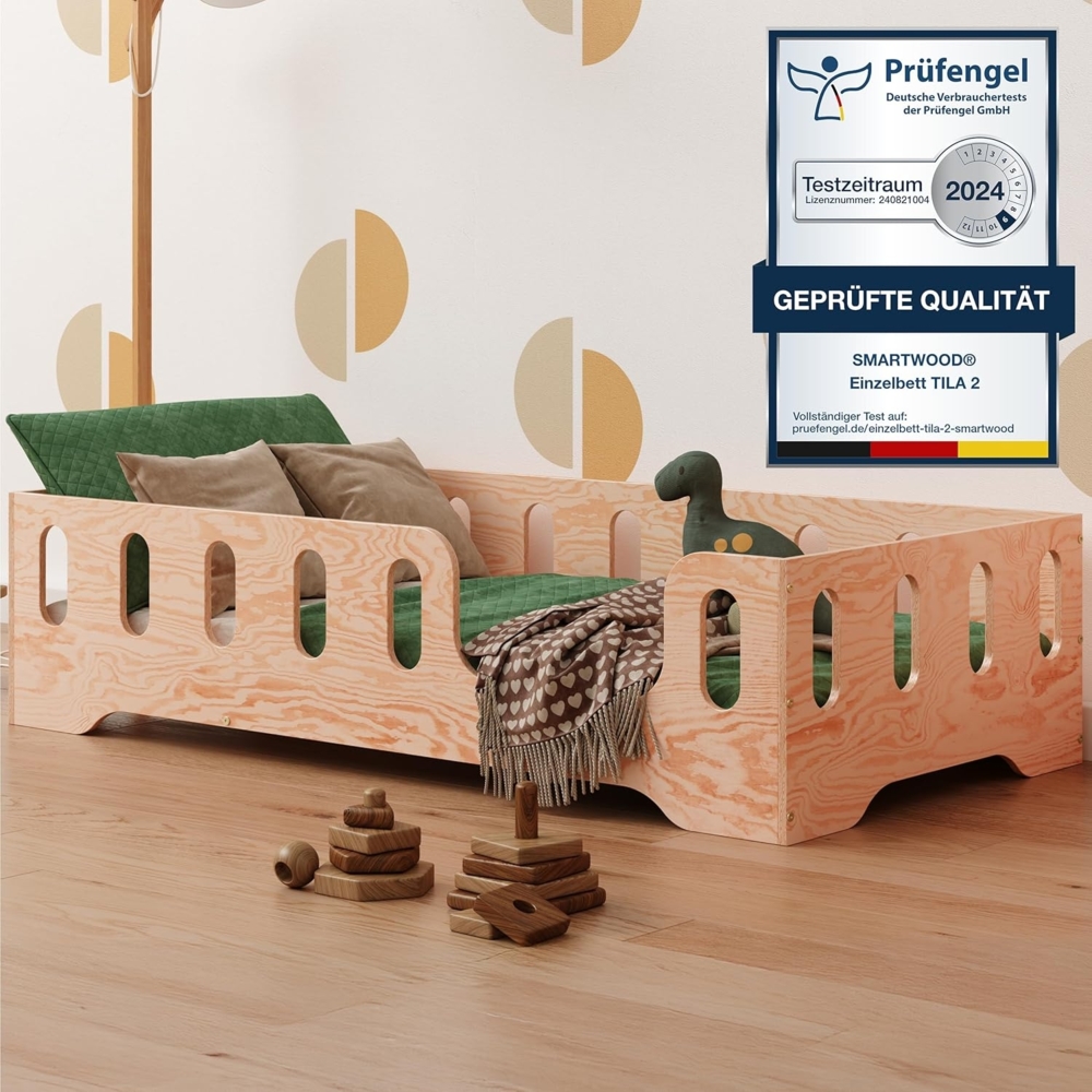 smartwood Kinderbett Bodenbett 60x120 mit Rausfallschutz & Lattenrost - Holz - Kinder Montessori Bett TILA 2P mit glatten Kanten - Betten für schnelle Montage - Bis 230 kg belastbar Bild 1