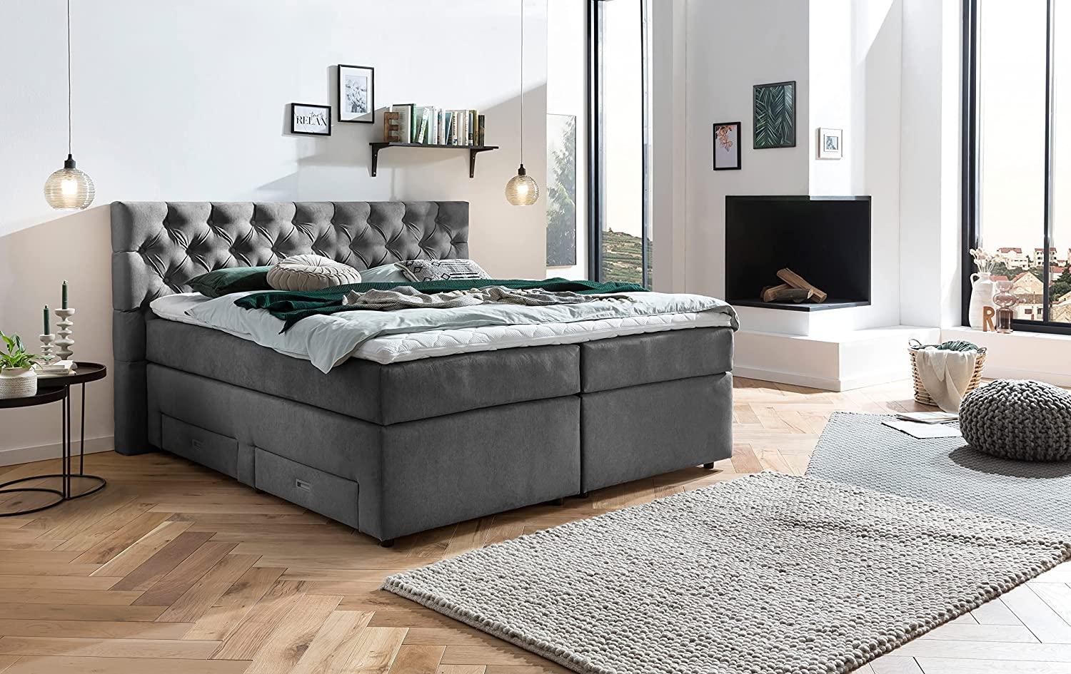 Belanoti ® Lara Boxspringbett 180x200 mit 4 Schubladen Stauraum Bett 180x200 mit Bettkasten in der Farbe Dunkelgrau H2/H3 Chesterfield Kopfteil 7-Zonen Taschenfederkern Matratze inkl. Visco Topper Bild 1