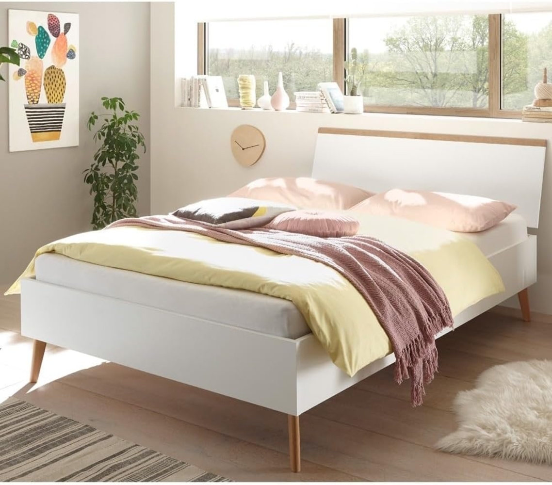 Doppelbett MAINZ-61 im skandinavian Design, weiß matt mit Eiche Riviera Nb, 140x200 cm Bild 1