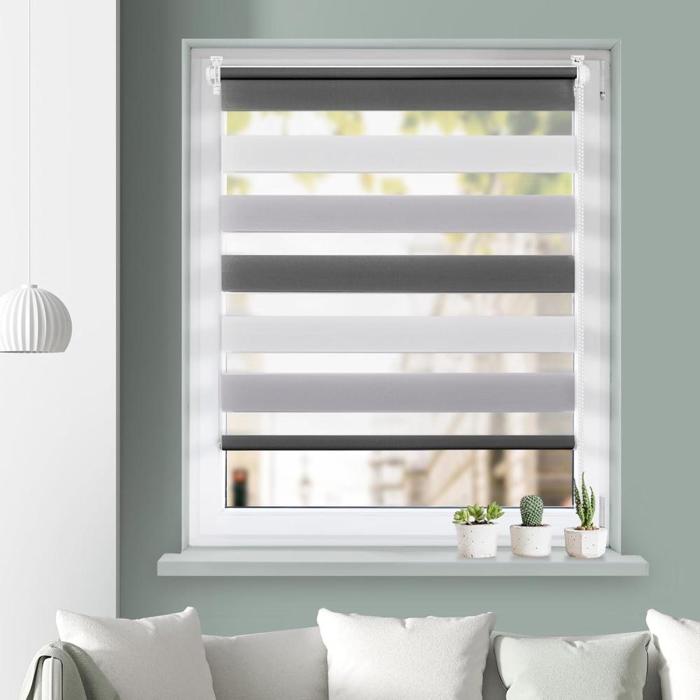 Grandekor Doppelrollo Klemmfix ohne Bohren Weiß-Grau-Anthrazit 40x150cm(Stoffbreite 36cm) Fenster Rollos für innen Klemmrollos Duo Rollos für Fenster ohne Bohren mit Bohren Privatschutz Zebrarollo Bild 1