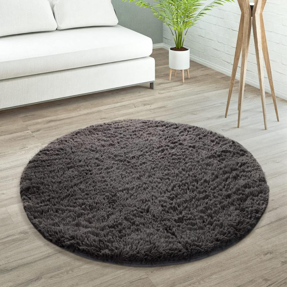 Paco Home Hochflor Teppich Wohnzimmer rutschfest Fellteppich Shaggy Flauschig Weich Modern Kunstfell Fell Imitat Einfarbig, Grösse:120 cm Rund, Farbe:Anthrazit Bild 1