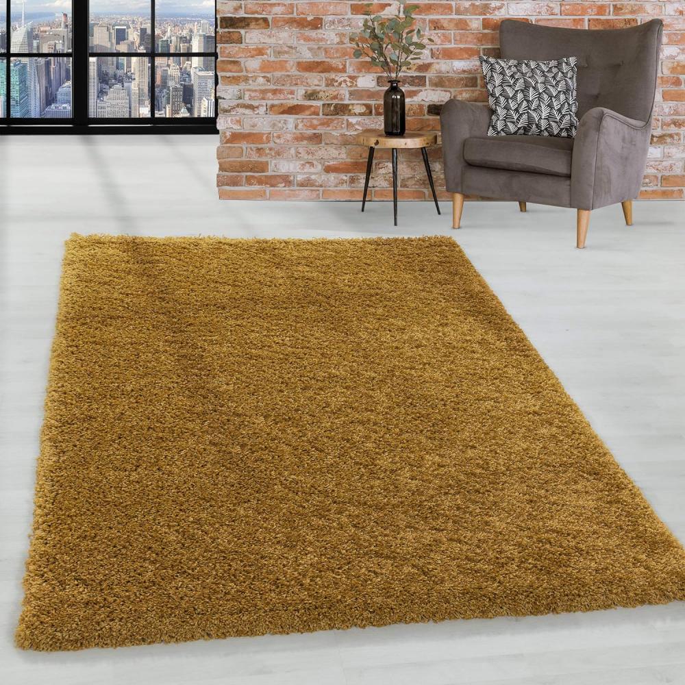 HomebyHome Shaggy Hochflor Wohnzimmerteppich Läufer 60x110 cm Gold - Flur Teppich Flauschig, Modern, Plüsch und Extra Weich - Ideal als Bettvorleger im Schlafzimmer und als Küchenläufer Bild 1