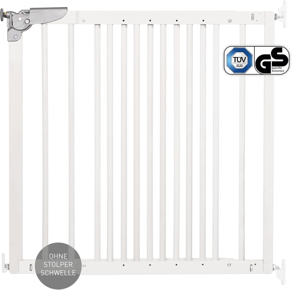 DOLLE Türschutzgitter Treppenschutzgitter aus Massivholz in Weiß. Breite 75,6 – 110,4 cm. Schwenkbares Kindersicherheitsgitter mit Einhand-Sicherheitsverschluss. TÜV/GS geprüft. Bild 1