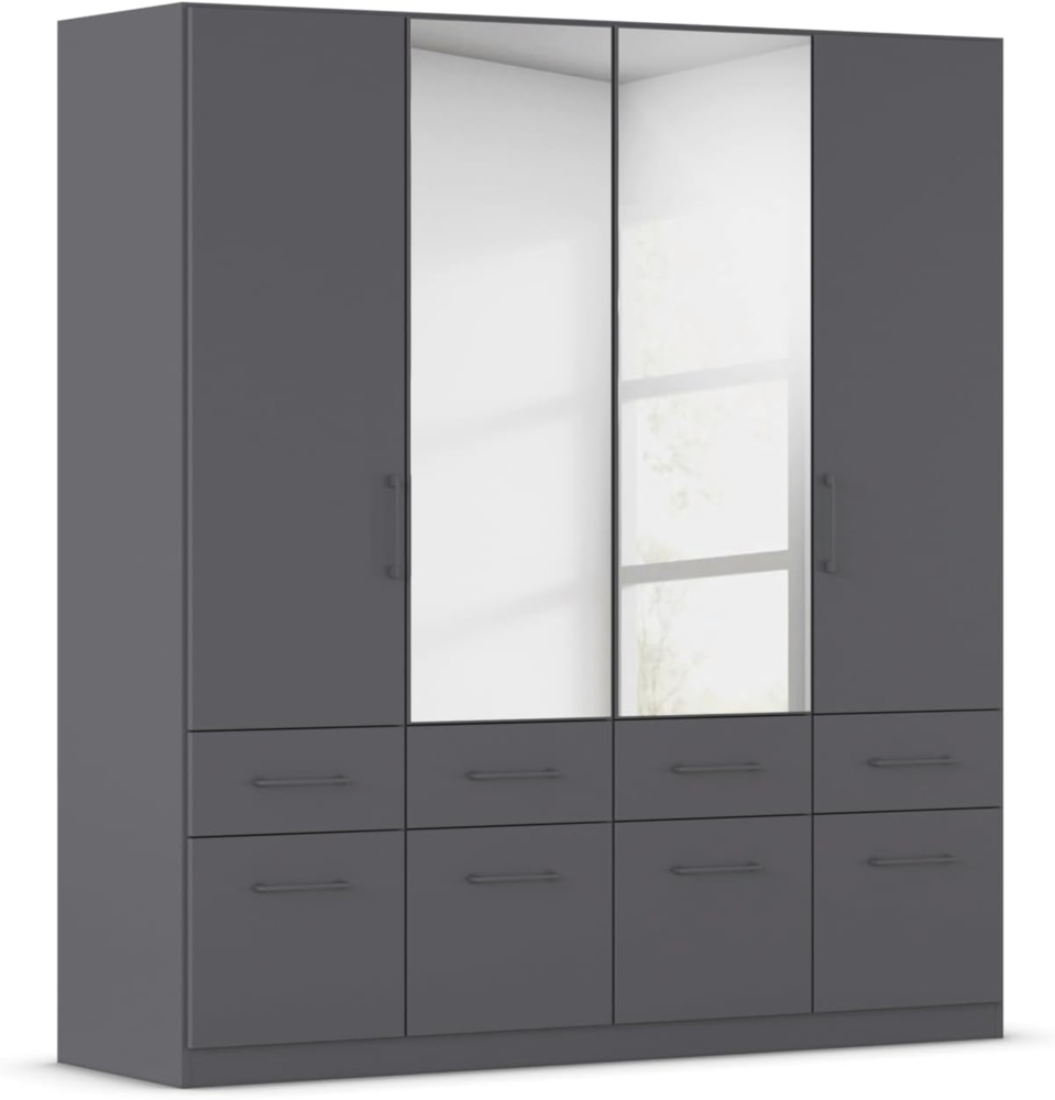 Rauch Möbel Dundee, Kleiderschrank, Schrank, Garderobe, Organizer, 4-türig, mit Spiegel, 8 Schubladen für mehr Stauraum, Farbe Grau metallic, Schwarz, Stangengriff Grau metallic, 181 x 197 x 54 cm Bild 1