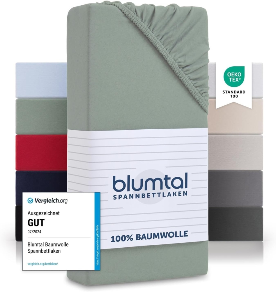 Blumtal® Basics Jersey Spannbettlaken Topper 100x200 cm -Oeko-TEX Zertifiziert, 100% Baumwolle Bettlaken, bis 20cm Topperhöhe, Summer Green - Grün Bild 1