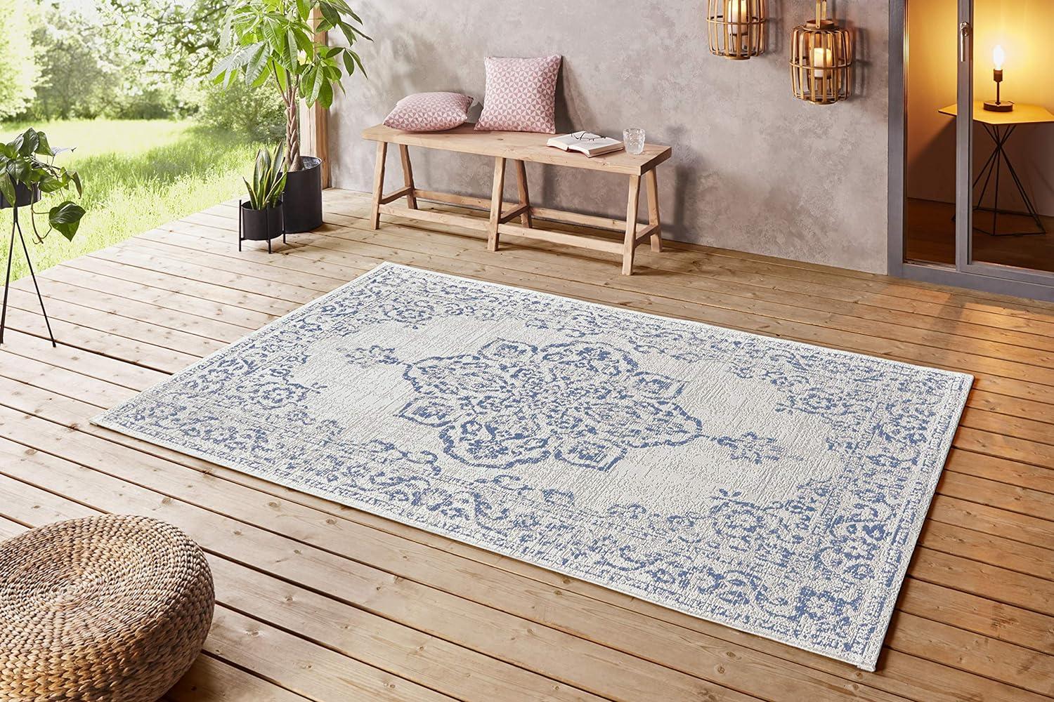 In- & Outdoor Teppich Tilos Creme Jeansblau - 80x150x0,8cm Bild 1