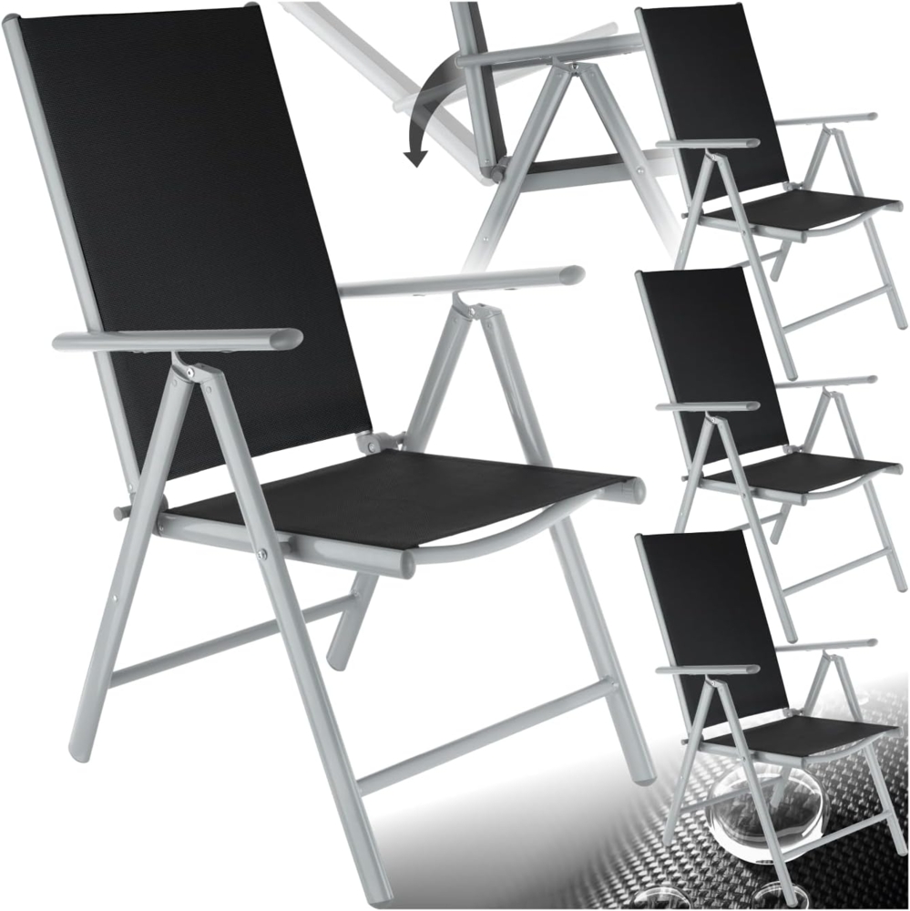 tectake® Aluminium Gartenstuhl 4er Set, Klappstuhl mit 7-Fach Verstellbarer Rückenlehne, Hochlehner mit Armlehnen, Gartenmöbel Set mit 4 Stühlen, für Garten Balkon Terrasse Camping, Silber Bild 1