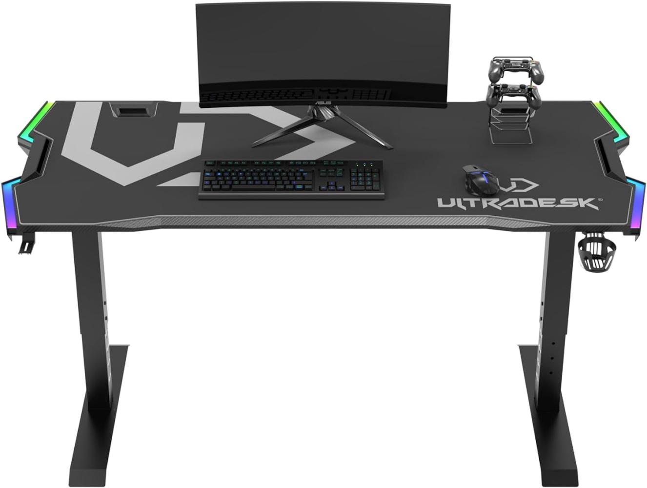 ULTRADESK Force | Ergonomischer Gaming-Schreibtisch mit großer Arbeitsfläche & XXL-Pad, 2 Kabeldurchlässe | Ablage für Powerstrips, LED-RGB-Prismenbeleuchtung | Stahlrahmen, Graues Pad, 166x70 cm Bild 1