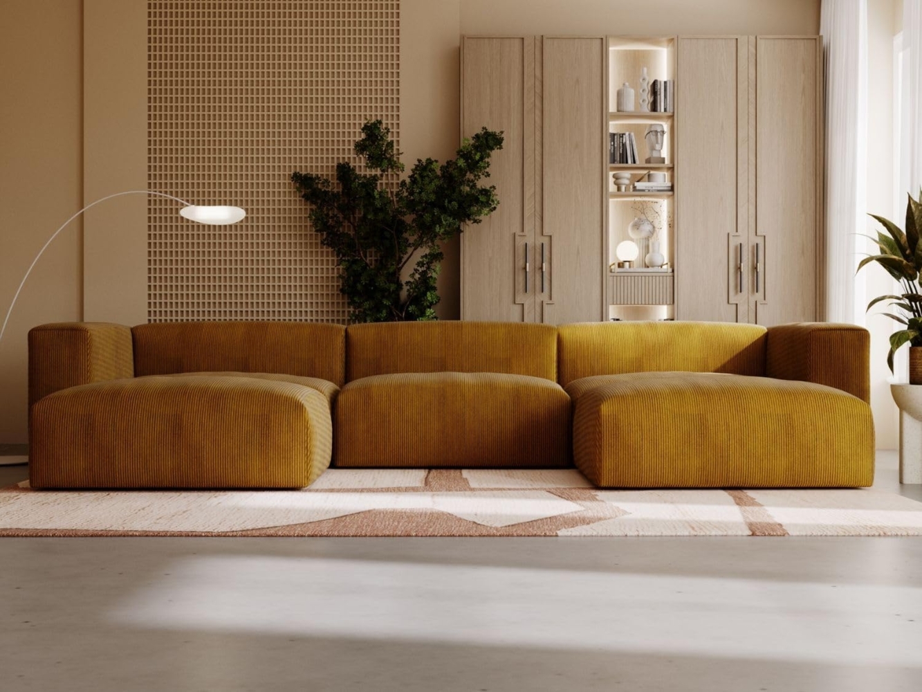 GrainGold Ecksofa U-Form LANDI - 340x180 cm, Honigfarben, Universal, Wellenfedern, T25-Schaum Bild 1