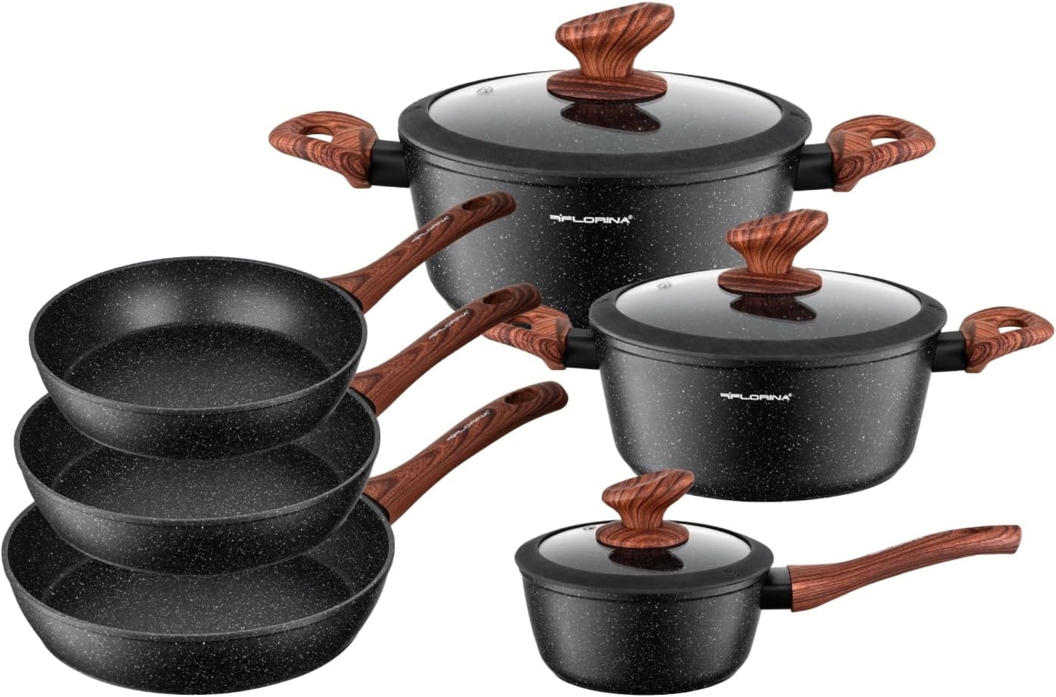 FLORINA MASTER BLACK Topf- & Pfannenset | 6-teiliges Set | Aluminium hochwertig | Glasdeckel mit Dampfauslass | Für Induktion, Gas, Elektro, Keramik | Spülmaschinengeeignet | Großes Set Bild 1