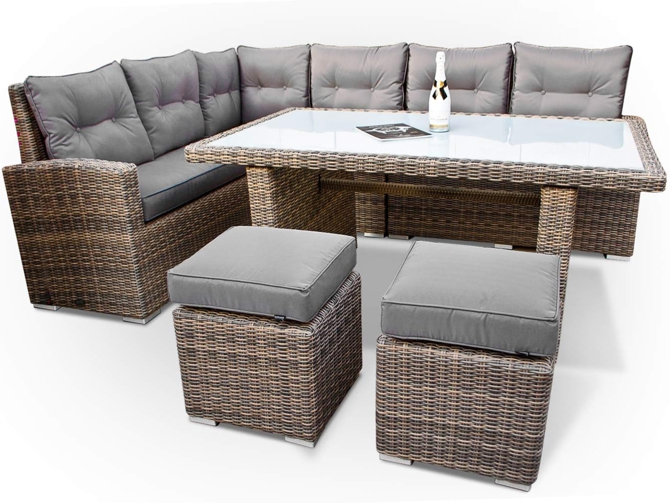 Ragnarök Möbel-Design Gartenlounge-Set Dining Lounge Wieland L, (Set, Ecksofa + Tisch + Hocker, Polyrattan, inkl. aller Polster), Sitzpolster ca. 16 cm dick Bild 1