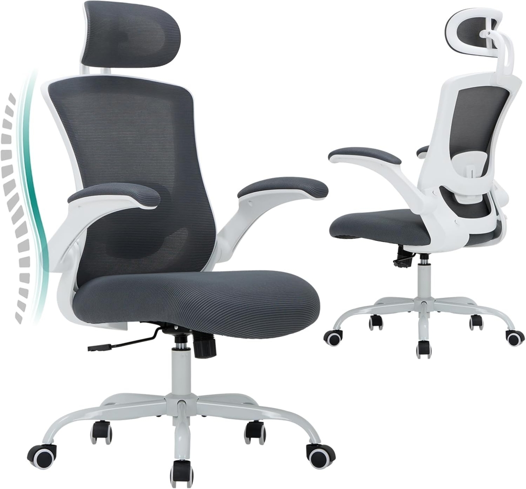 COLAMY Bürostuhl Ergonomisch, Netz-Schreibtischstuhl mit Verstellbarer Kopfstütze, Chefsessel Office Chair mit Lendenwirbelstütze, Verstellbarer Neigungsverschluss Drehstuhl, Grau Bild 1