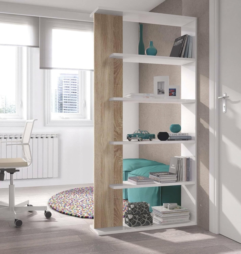 Dmora - Bücherregal Columbia, Doppelseitiges Bücherregal mit 5 Böden, Büro- oder Schlafzimmertrennregal, cm 90x25h180, Weiß und Eiche Bild 1