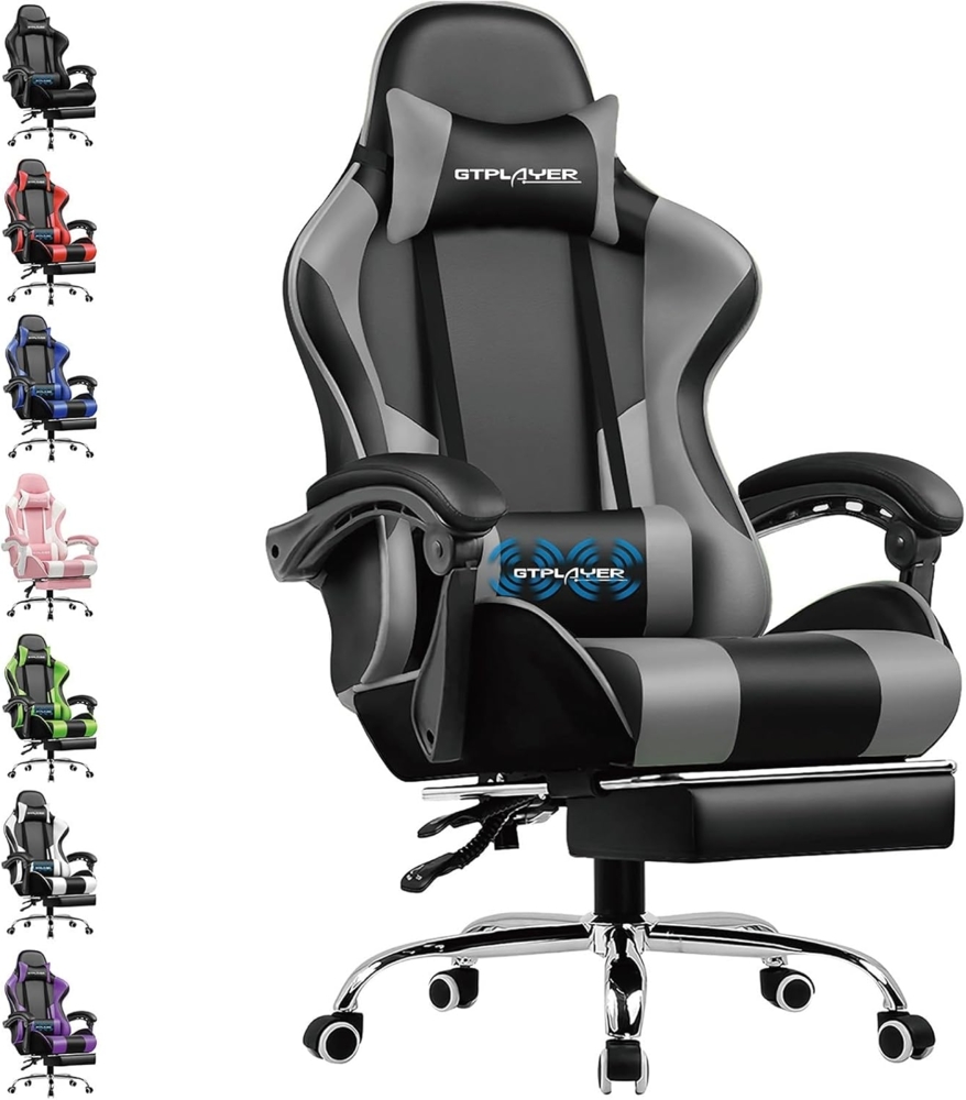 GTPLAYER Gaming Stuhl Bürostuhl Massage Gaming Sessel Ergonomischer Gamer Stuhl mit Fußstütze, Kopfstütze Massage-Lendenkissen, Gepolstert Gaming Chair, Drehsessel, grau Bild 1