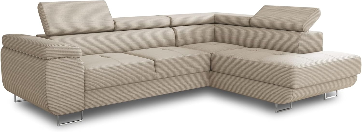 Ecksofa Caris mit Schlaffunktion und einstellbare Kopfstützen, Cord Stoff, Wohnlandschaft mit Bettkasten, Couch, Sofa, Bettsofa (Beige (Poso 100), Ecksofa Rechts) Bild 1