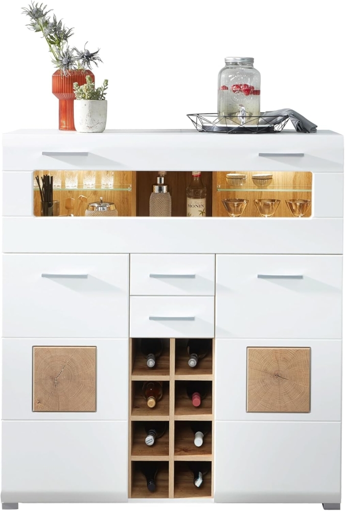 Kommode Barschrank Theke Sideboard Getränke ca. 120 x 129 x 37 cm FUN PLUS Weiß/Eiche Altholz Nb. Bild 1